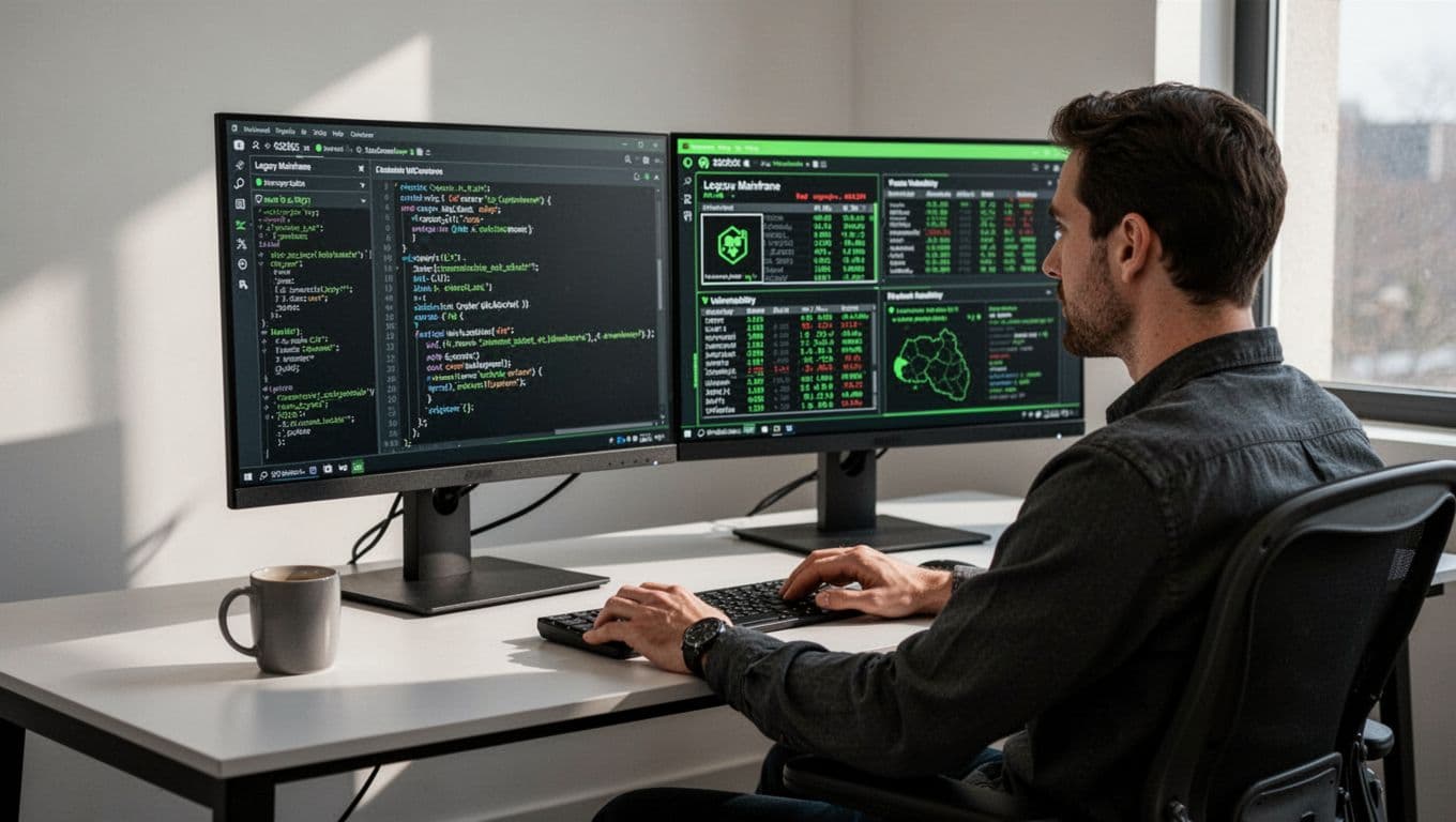 A security engineer at a modern desk reviews code on dual monitors displaying legacy mainframe interfaces and vulnerability scans, with a coffee mug nearby in a clean illustration style.