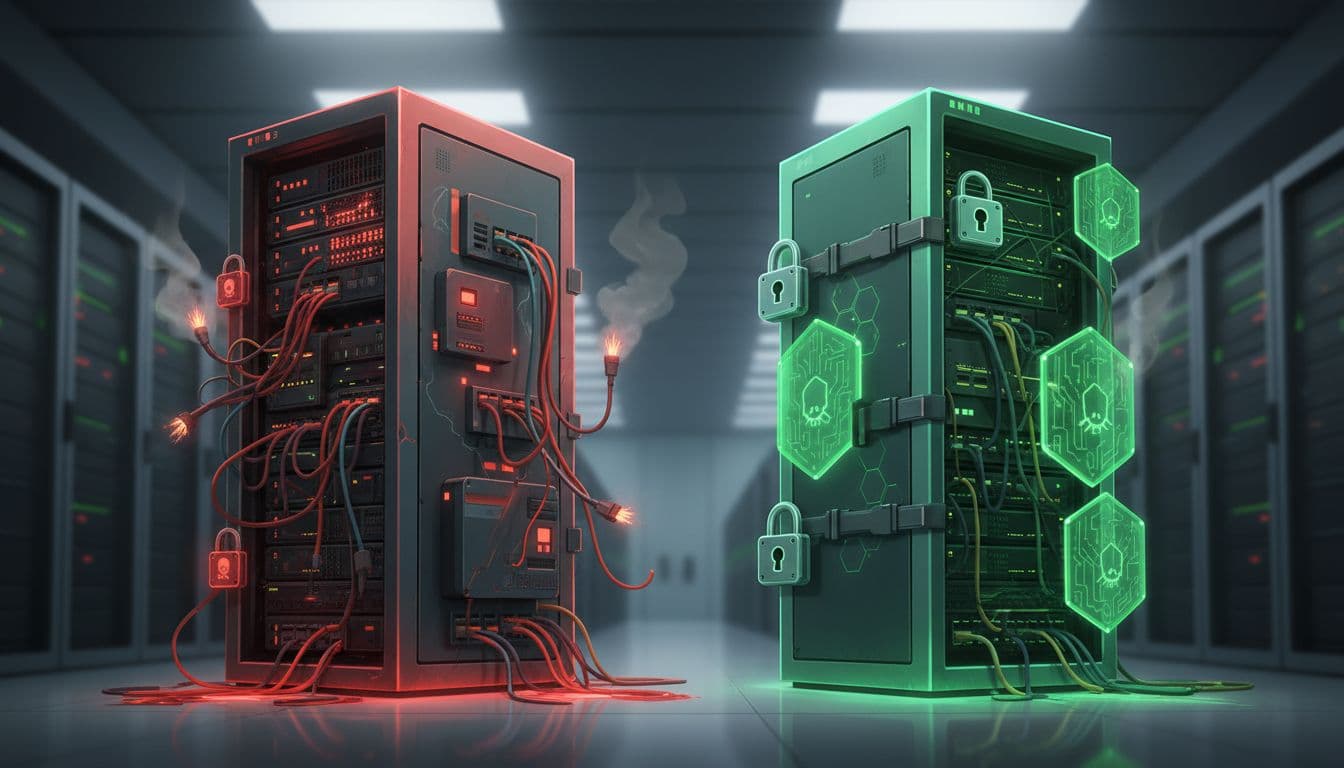 Side-by-side server racks in data center: high-risk with red warnings and exposed cables, low-risk with green shields and locks.