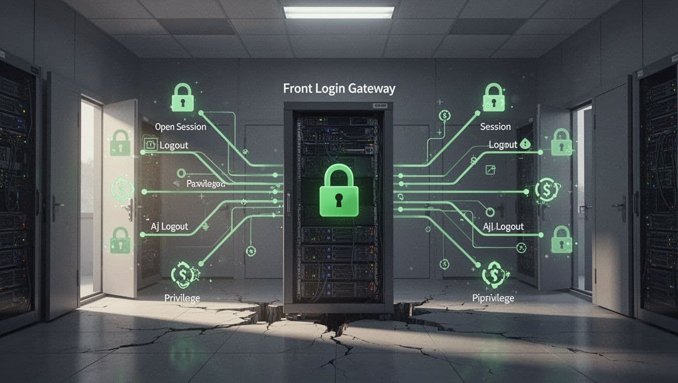Modern illustration highlighting common security vulnerabilities in legacy enterprise SSO applications, featuring a secure front-end login but sprawling backend sessions, weak logouts, and persistent privileges.