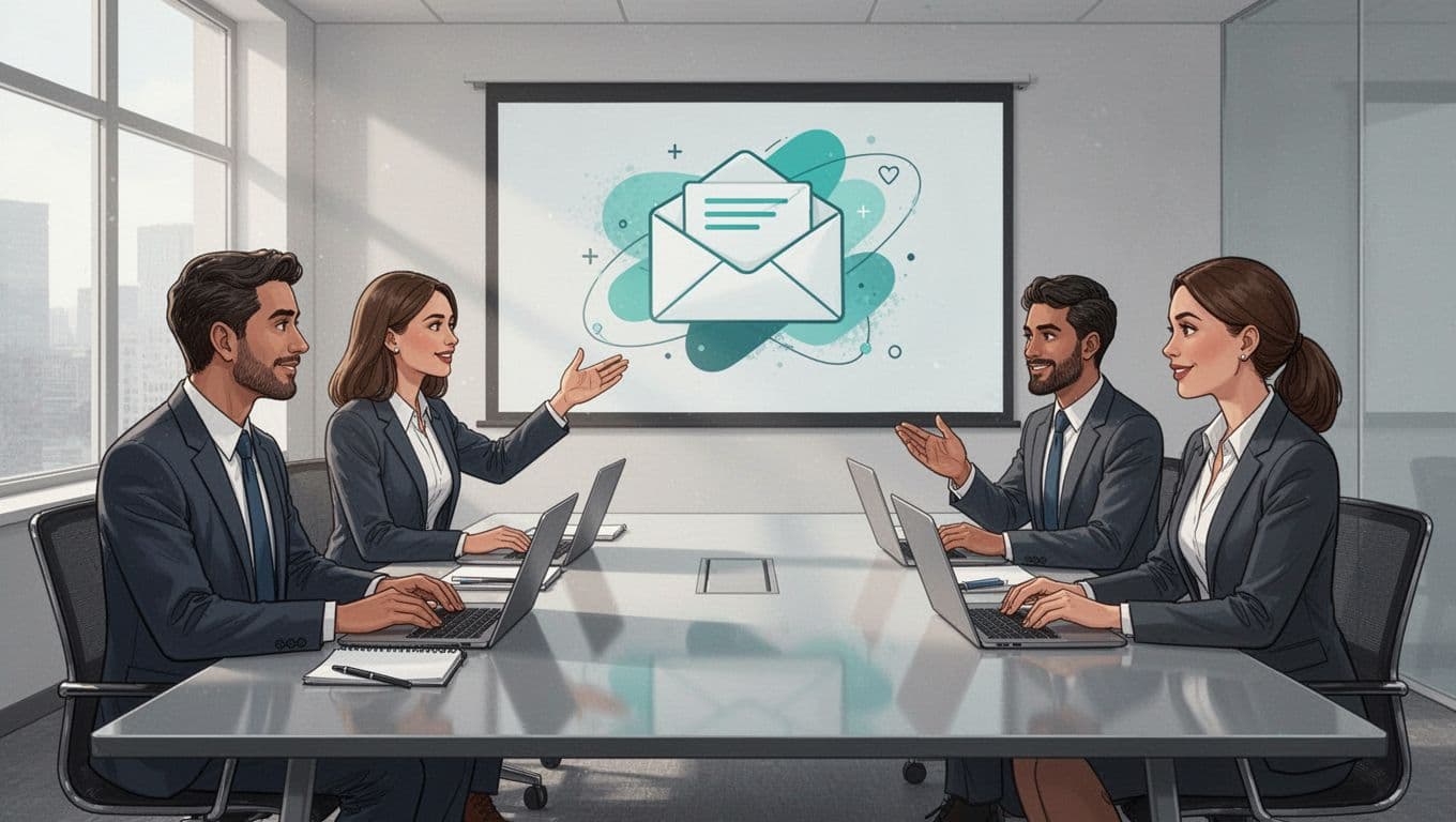 Four legal professionals in conference room during phishing training, one points to scam email on screen, others engaged.