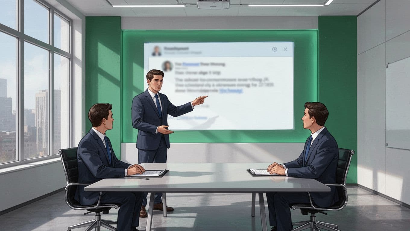 Modern illustration featuring three legal professionals in a conference room during a phishing awareness training session, with one standing and pointing to a projected blurred fake email on the screen while the others sit attentively.