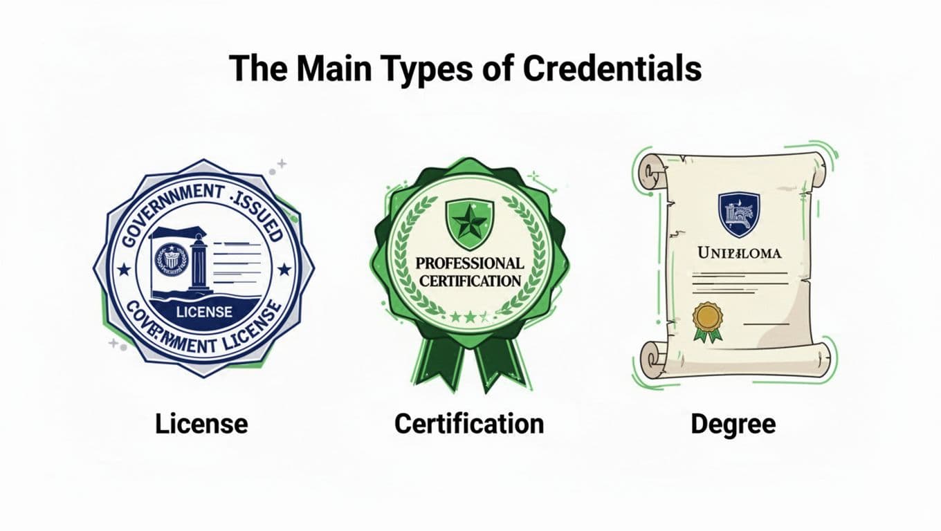 Modern illustration featuring three icons side by side: a government-issued license seal, professional certification badge, and university diploma scroll, using clean shapes and #22C55E accents on a white background.