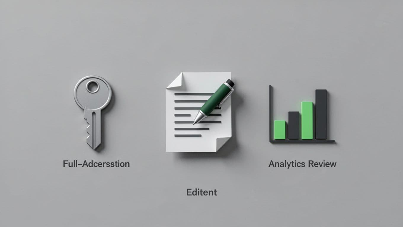 Modern flat design illustration of three admin role icons for LinkedIn company pages: Super Admin as a key, Content Admin as a pen editing a post, and Analyst as a chart viewer, on a neutral gray background with green accents.
