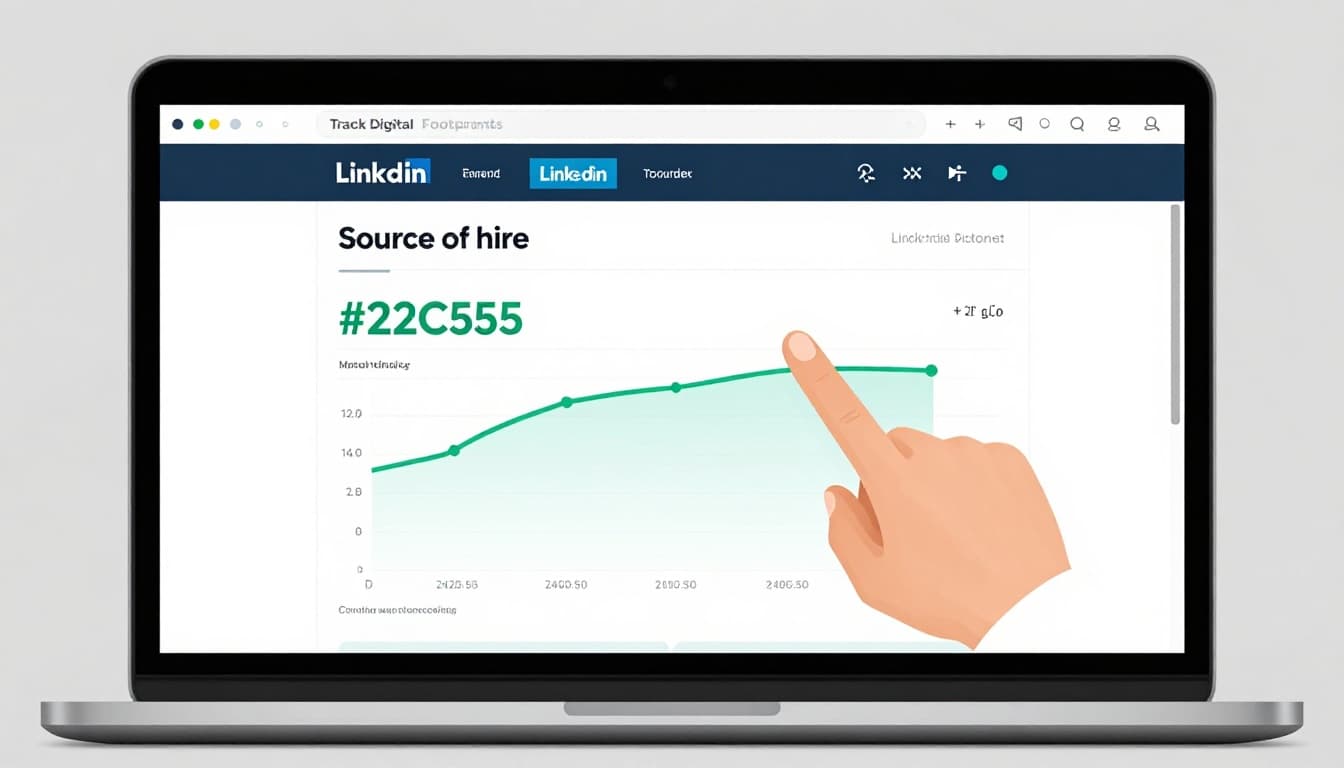 Modern illustration of a recruiter pointing at a laptop screen displaying recruiting metrics like source of hire and LinkedIn activity graphs with green highlights, on a neutral background with clean lines.