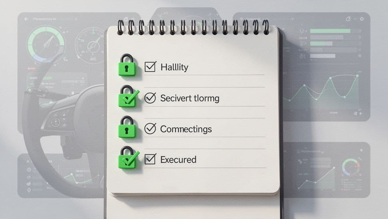 Modern flat design illustration of a secure checklist for LinkedIn page security, showing padlock icons next to five checked items on a digital notepad with green accents and subtle dashboard background.
