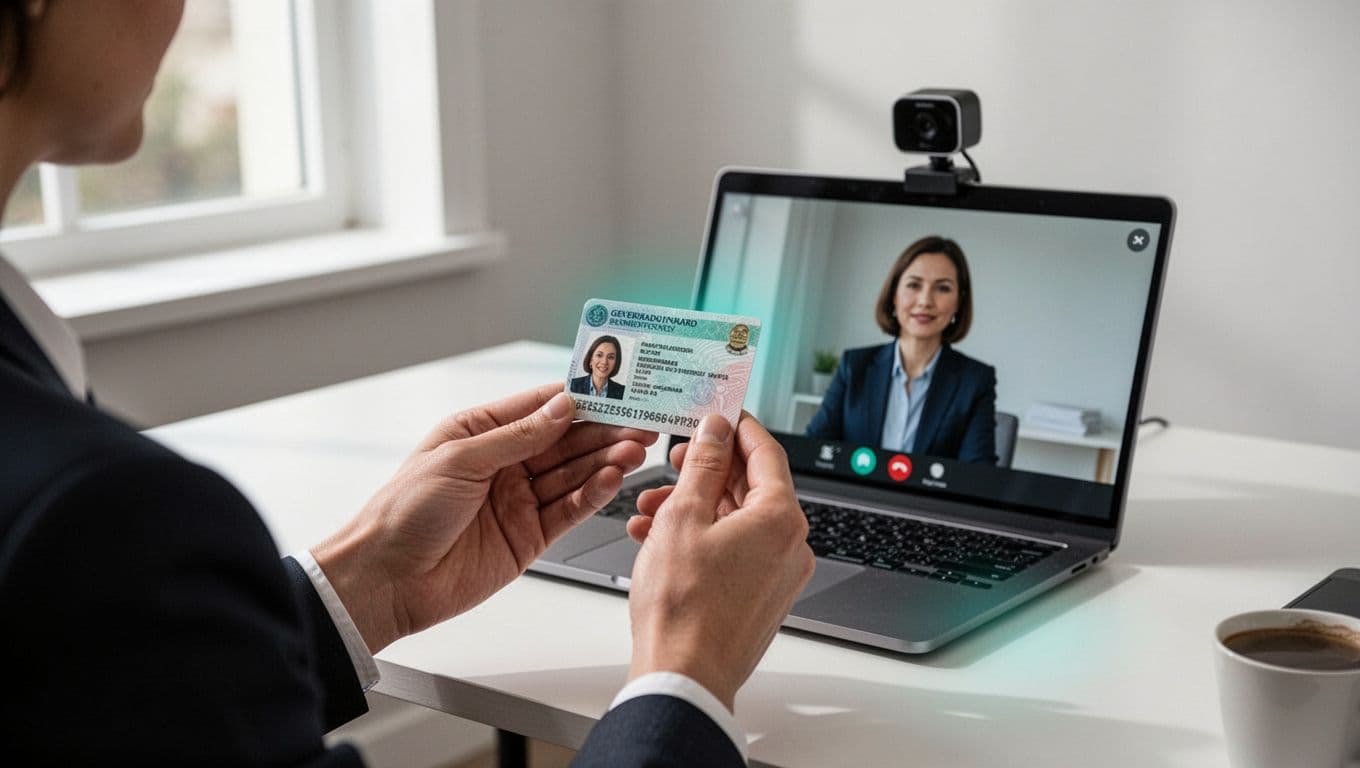 Modern illustration of a candidate holding government ID to webcam in a clean home office during remote interview, interviewer verifies match on screen, focused on secure verification moment.