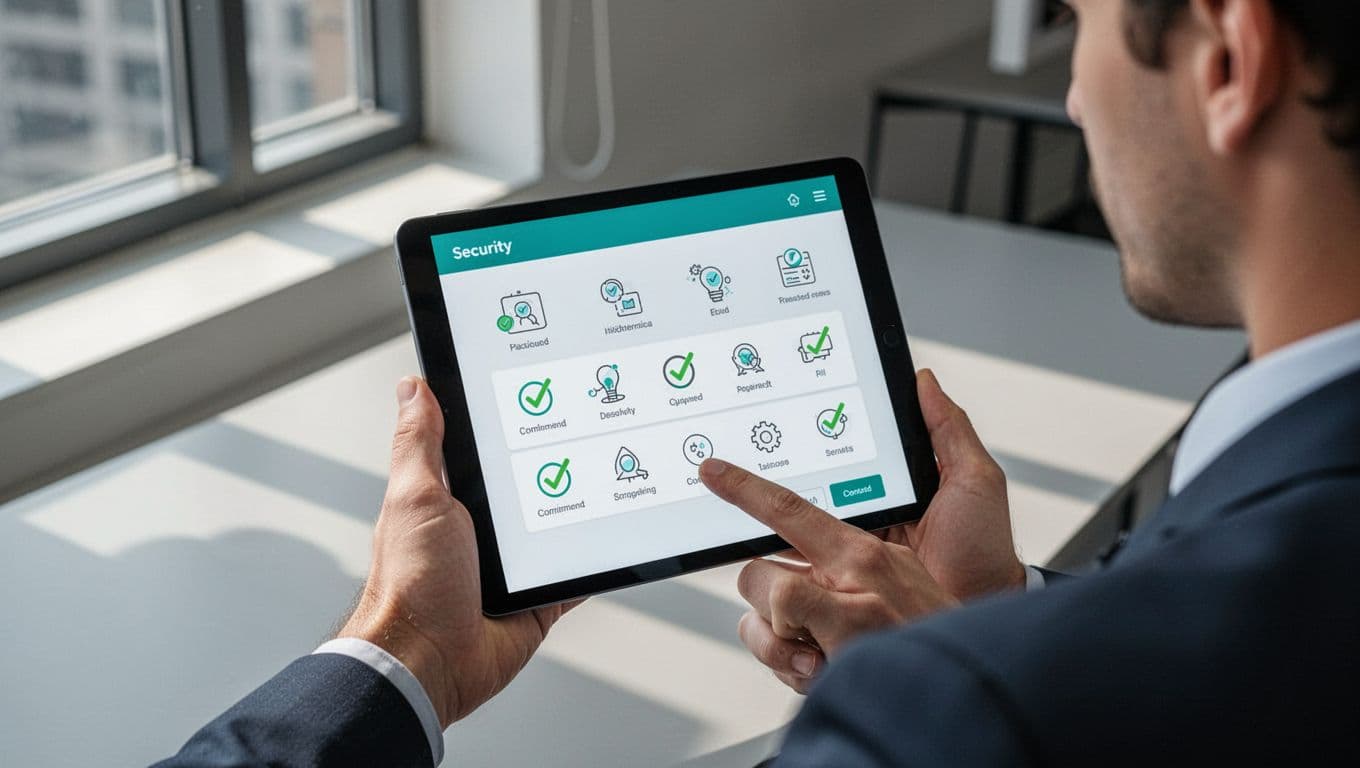 Modern illustration of a security engineer holding a tablet in a modern office, displaying a checklist for local admin rights remediation with steps like removing unnecessary users and green checkmarks. Focus on the tablet screen with clean shapes, controlled colors, and #22C55E accents; no readable text or watermarks.