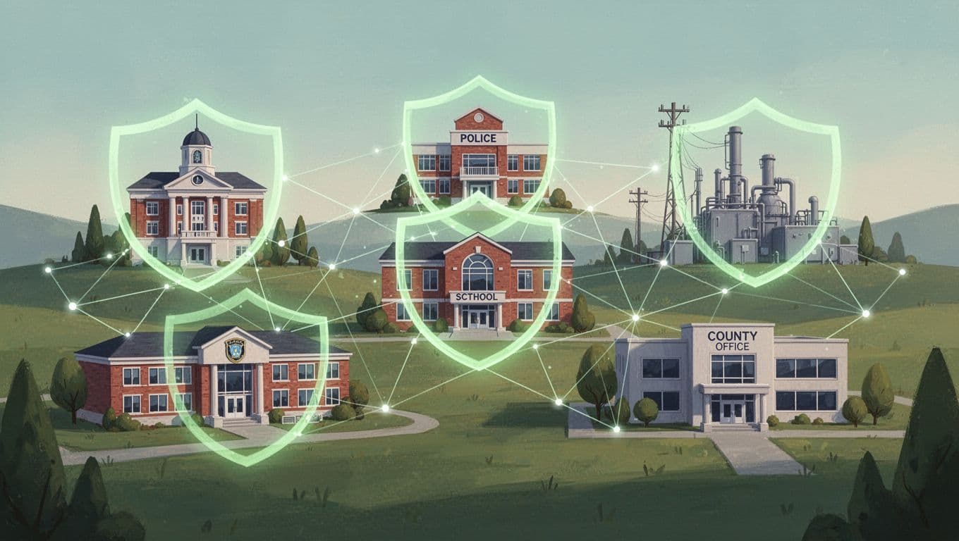 Modern clean illustration of symbolic local government icons including city hall, police station, school, utility plant, and county office, each shielded by glowing green barriers and connected via secure network lines on a soft gradient background.