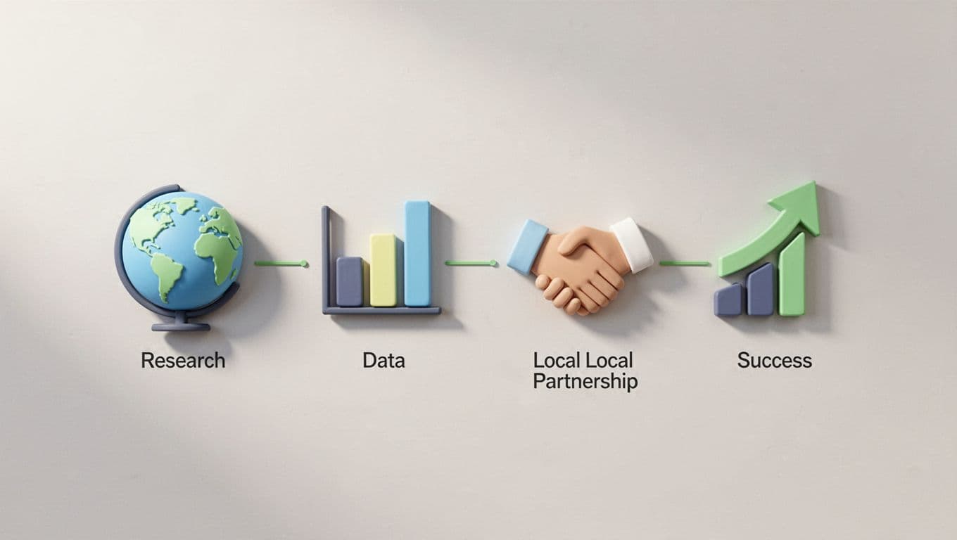 Modern minimalistic flowchart illustration featuring four icons—research globe, data charts, local handshake, and upward success graph—connected by green-accented lines on a light background.