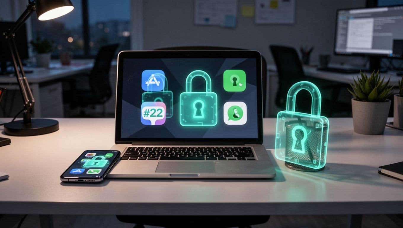 Laptop and smartphone on desk show locks over icons for revoked access in nighttime office.