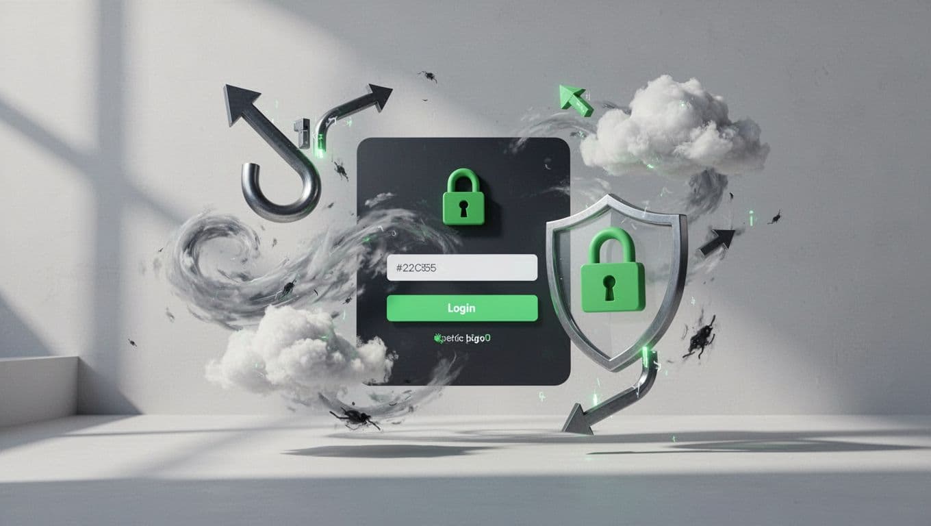 Website login form attacked by brute force arrows, phishing hook, and credential stuffing cloud, defended by green shields and locks.
