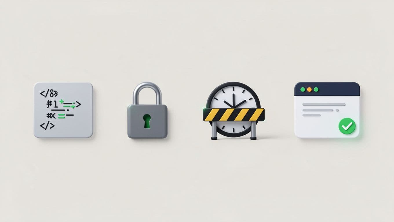 Four sequential icons depict inspecting source code, checking HTTPS padlock, testing rate limiting with clock and barrier, and verifying MFA.