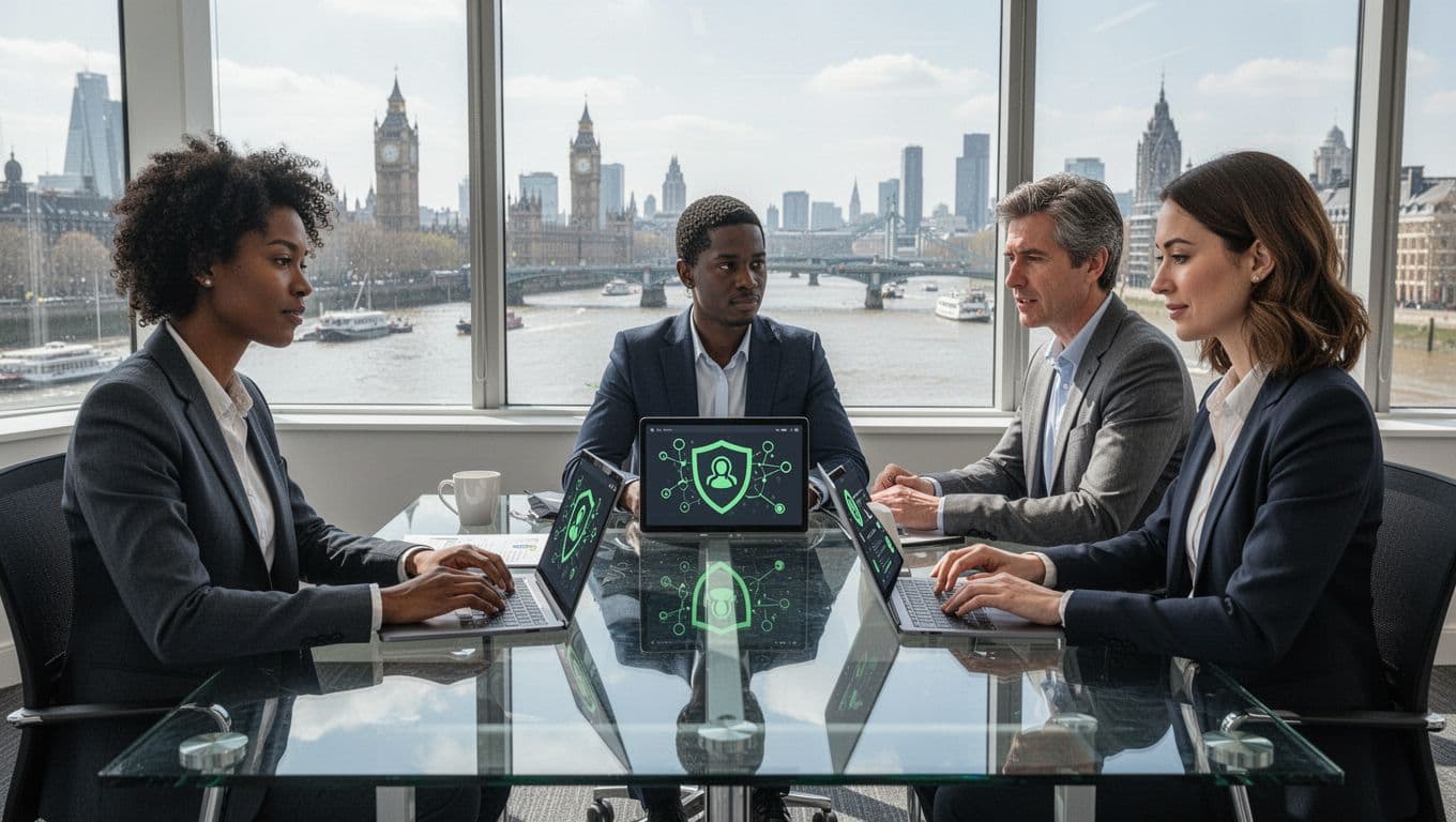 Modern illustration of three diverse cybersecurity recruiters in a sleek London office, seated around a glass table reviewing digital candidate profiles on laptops and tablets with green shield and network icons.