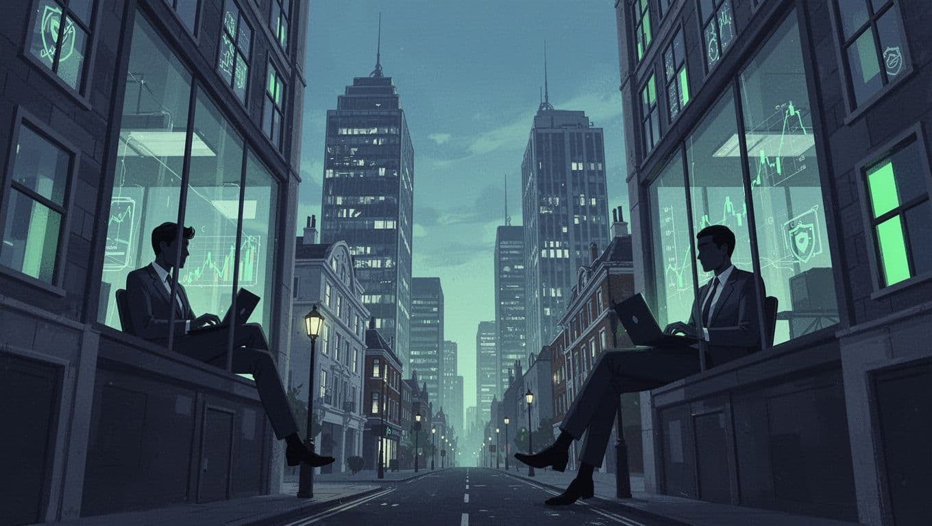 Modern illustration of bustling London City financial district skyline at dusk, with office windows showing professionals at laptops displaying network shields and locks in #22C55E accent, soft blue-green palette, high contrast.