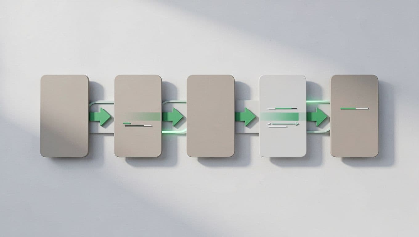 Modern illustration of a flowchart depicting the steps to audit Microsoft 365 mail forwarding rules, including connecting to Exchange Online PowerShell, retrieving inbox rules, filtering for forwards, reviewing external targets, and blocking risky ones. Features clean shapes, controlled colors with green accents on arrows, horizontal landscape composition, no text or people.