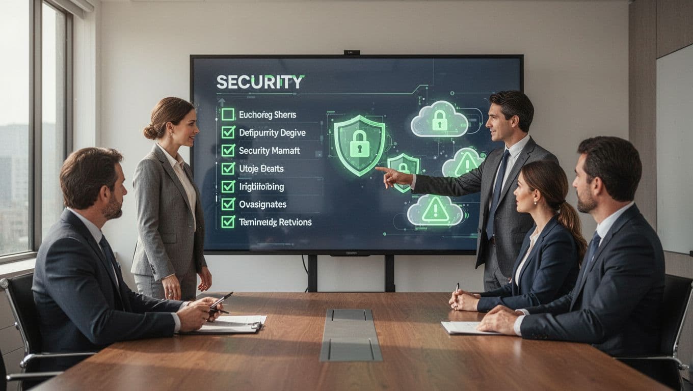 Modern illustration of a professional team of three in a conference room reviewing a digital security checklist on a large screen with icons like locks, shields, clouds, and risk warnings.