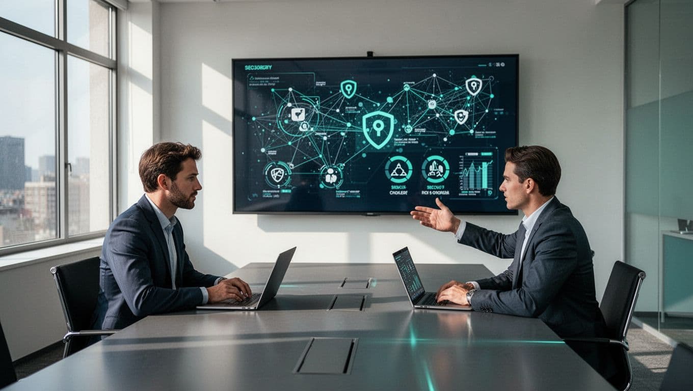 Two professionals in boardroom review security checklists and charts on laptops, one pointing to screen with network diagrams and risk icons.