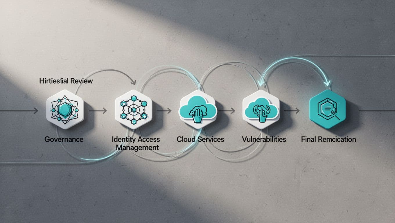Top-down flowchart of M&A security due diligence steps with icons for governance, IAM, cloud, and vulnerabilities.