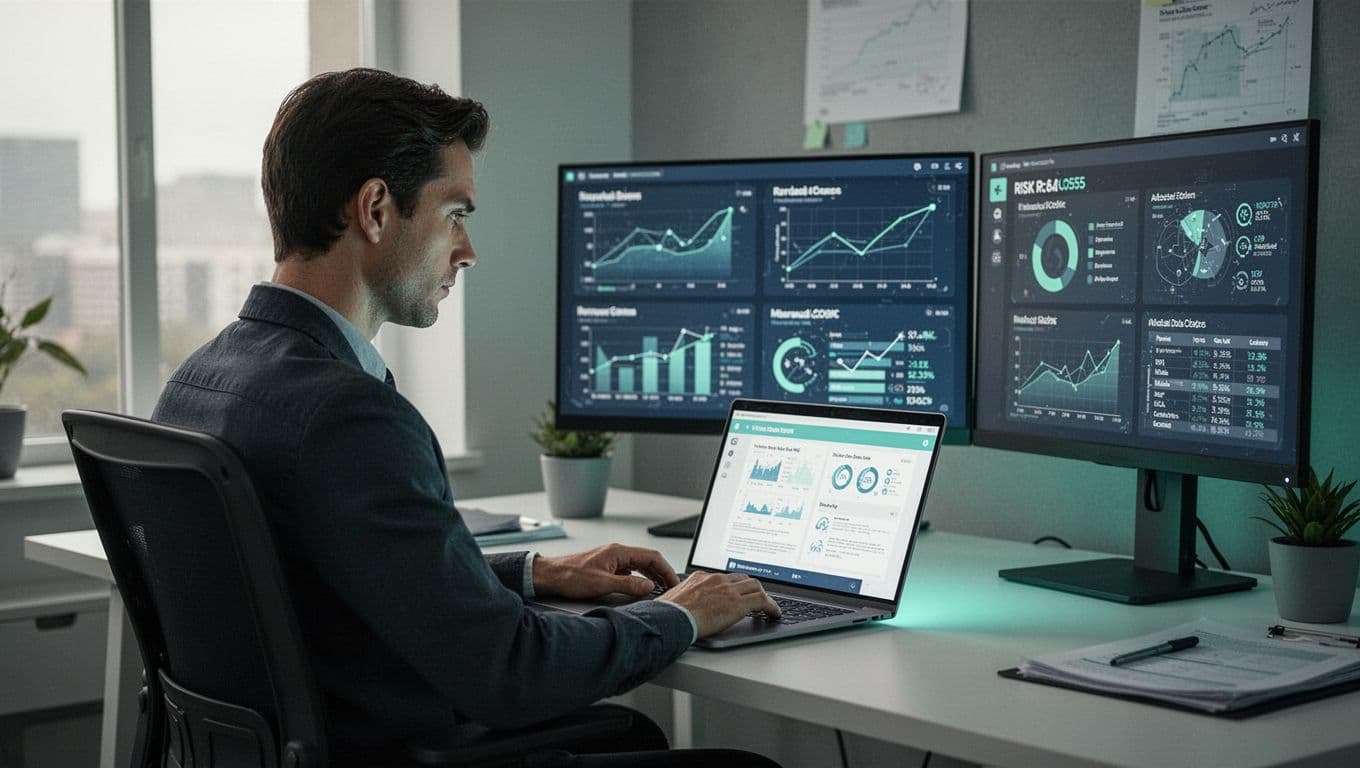 A security engineer reviews a virtual data room on a laptop during an M&A project in an office with charts and risk reports on screens, side view focusing on the engineer and glowing screens in modern illustration style.