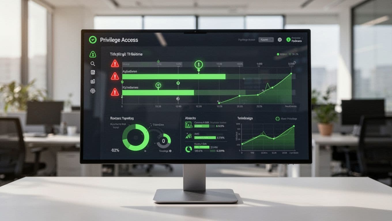 Modern illustration of a security monitoring dashboard on a computer screen displaying privilege logs, timelines, and alerts for macOS admin access on remote MacBooks, with green-accented charts and a blurred office background.