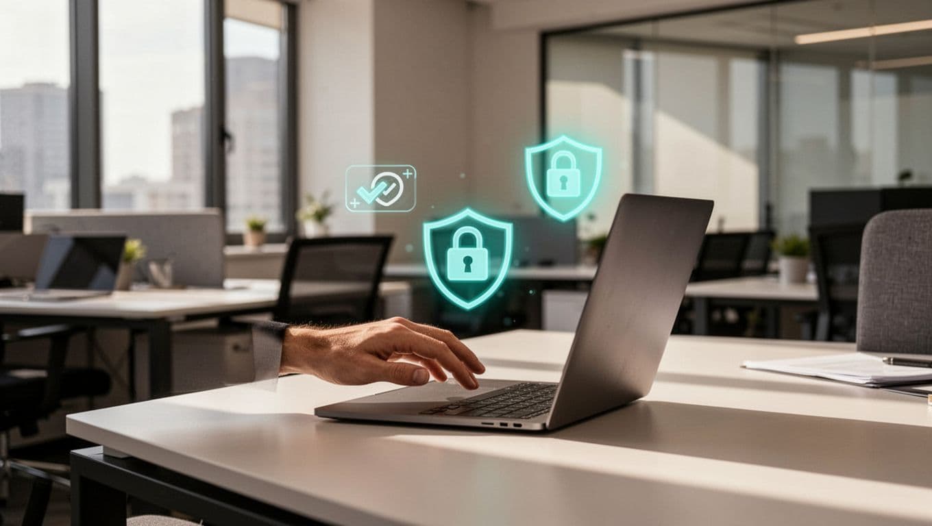 Side view of manager in modern office approving access on laptop with floating lock and shield icons.