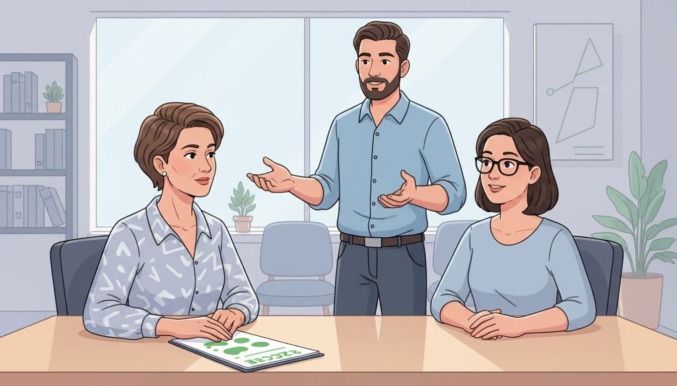Manager at desk with notepad, candidate presenting, engineer nodding in relaxed office.