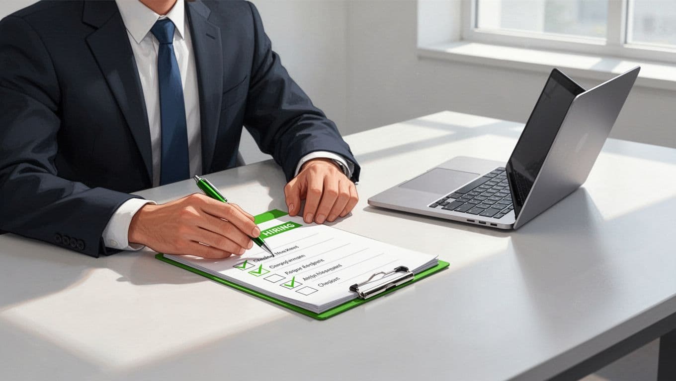 Modern illustration of a professional manager at a desk in a bright office, thoughtfully reviewing a hiring decision checklist on a notepad with a laptop nearby.