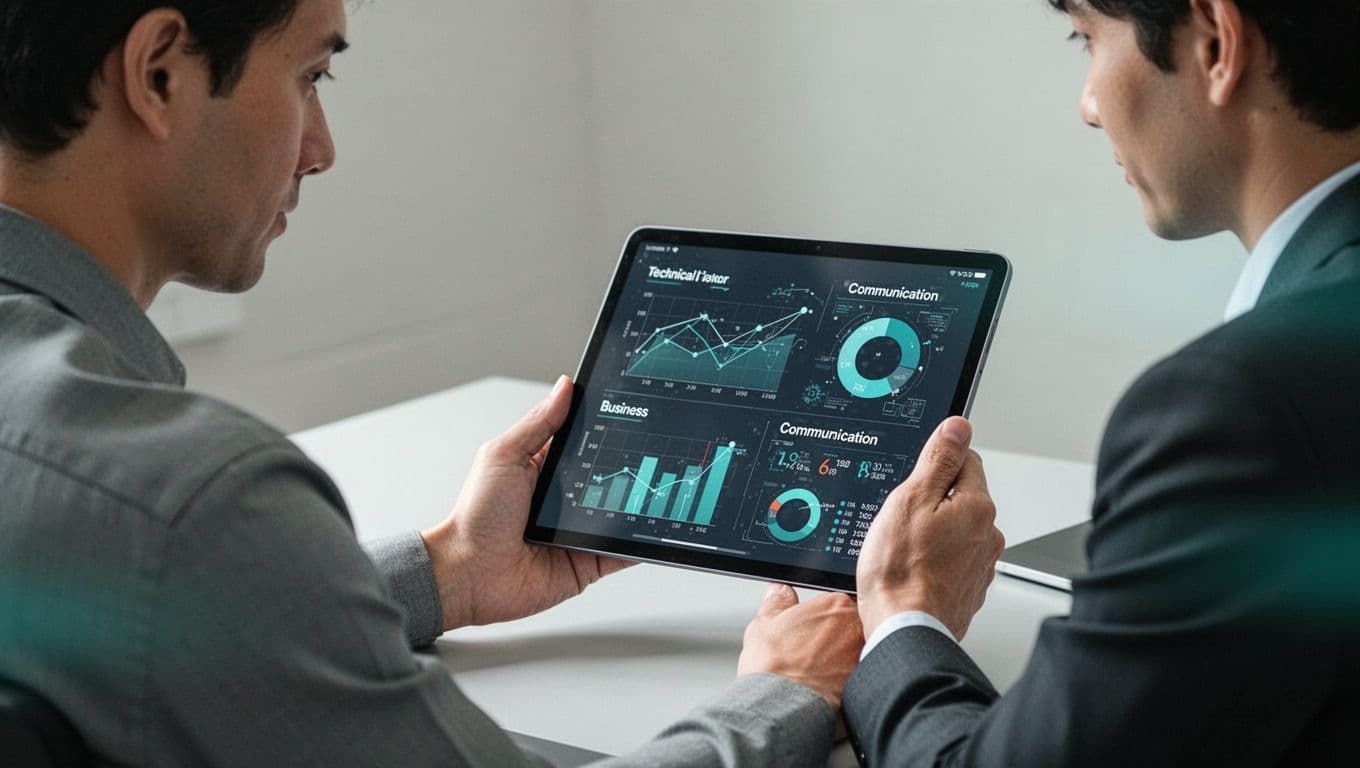 Modern illustration of a manager holding a digital tablet with a hiring scorecard displaying candidate profiles and metrics for security hiring. Features a simple desk setup, clean shapes, controlled colors, strong composition, even lighting, and #22C55E green highlights, with exactly one hand naturally holding the tablet.