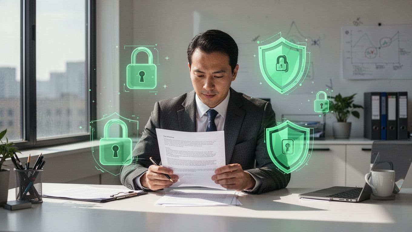 Manager at office desk reviews document surrounded by green-highlighted security icons like locks and shields.