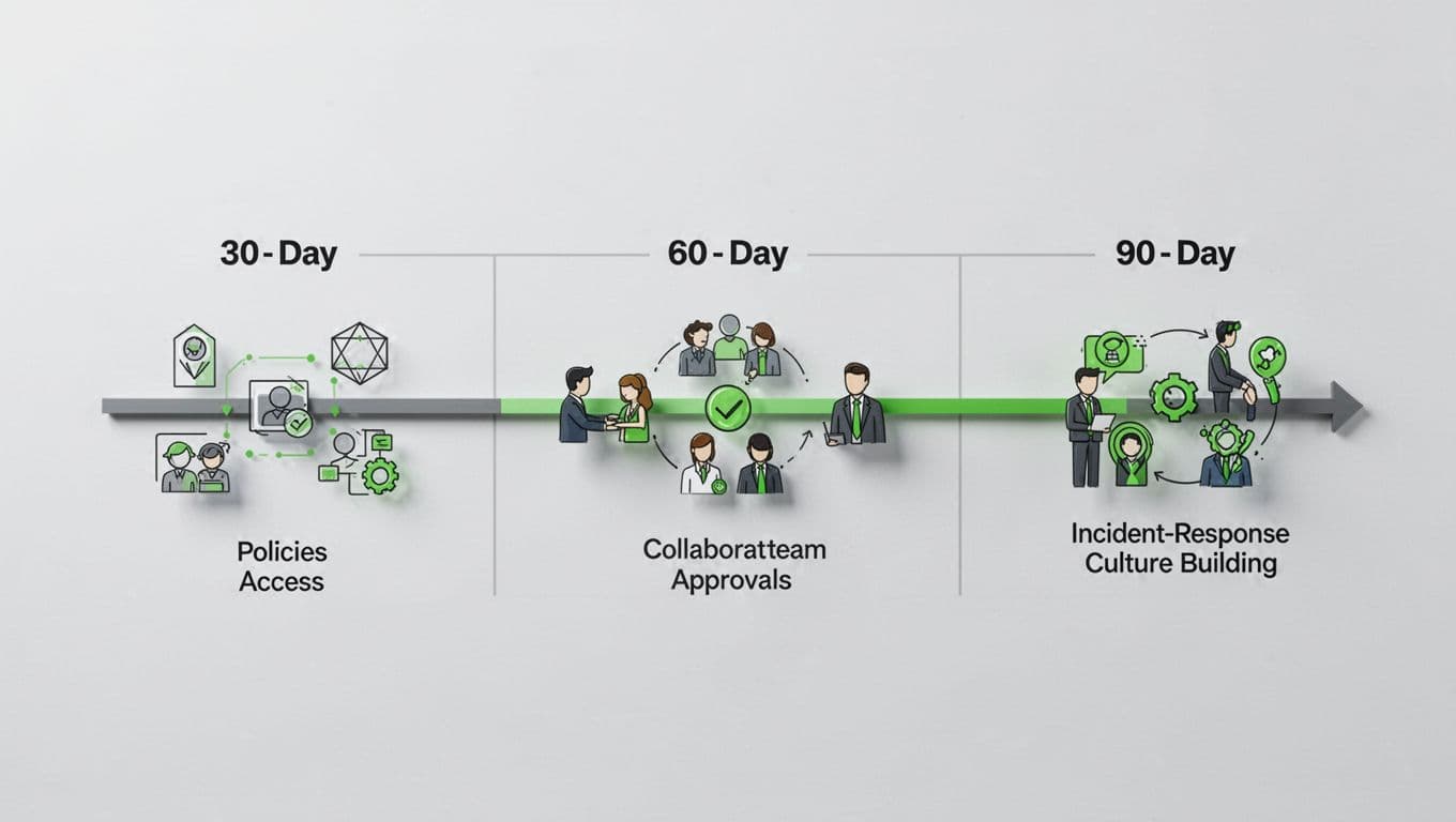 Horizontal timeline with icons for 30-day basics, 60-day team scenarios, and 90-day incident response phases.