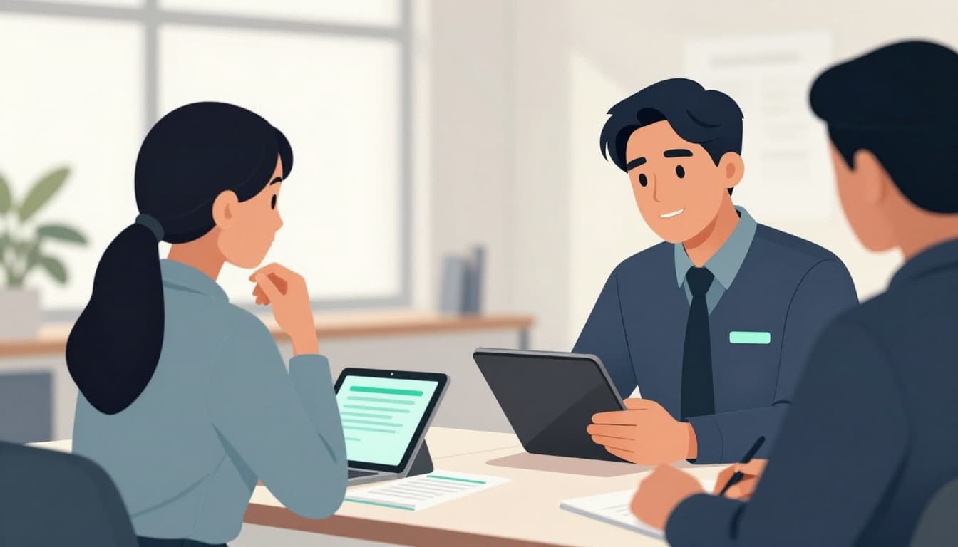 Modern illustration of a security manager taking notes on a tablet while a SOC analyst speaks thoughtfully during a relaxed one-on-one retention interview in a bright office.