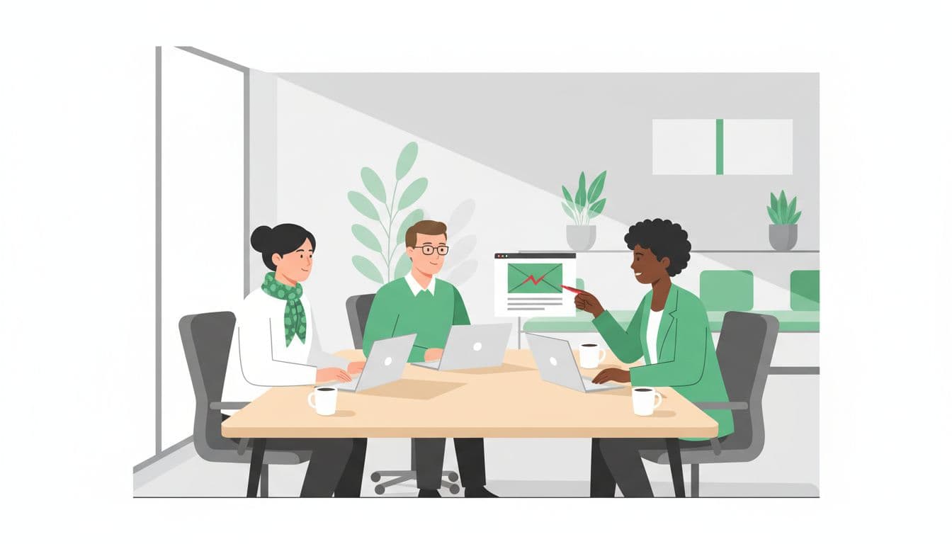 Three diverse managers seated around a conference table with laptops and coffee mugs, one explaining a phishing email on her screen.