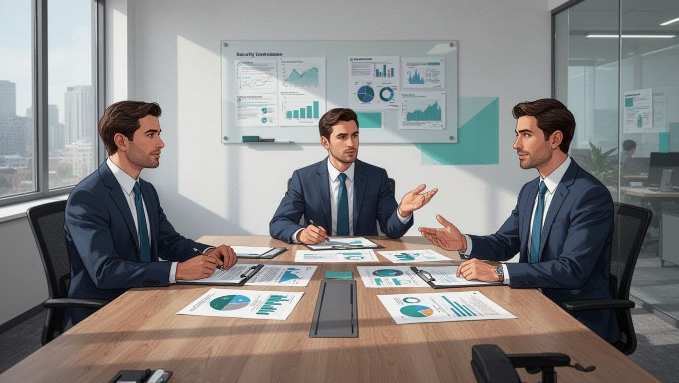 Modern illustration of three managers around an office conference table running a tabletop security exercise with simple charts, relaxed poses, and one gesturing hand.
