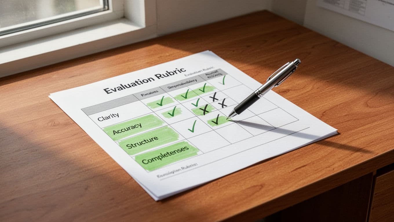 Clean simple evaluation rubric sheet on a wooden desk with pen marking scores in categories like clarity, accuracy, structure, and completeness. Highlighted sections feature green accents in a modern illustration style with clean shapes, controlled colors, and strong composition.