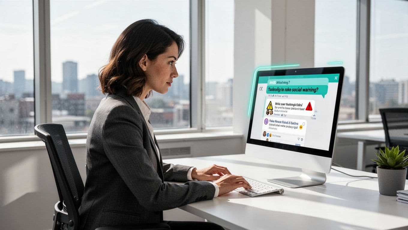 Marketing professional at office desk examines laptop screen displaying suspicious social media post with red flag indicators.