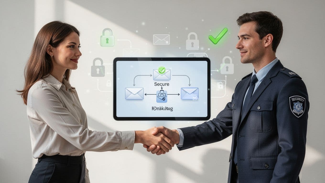 Modern illustration of marketing and security professionals shaking hands over a secure email workflow flowchart on a digital tablet, featuring locked icons and green check data flows in the background.