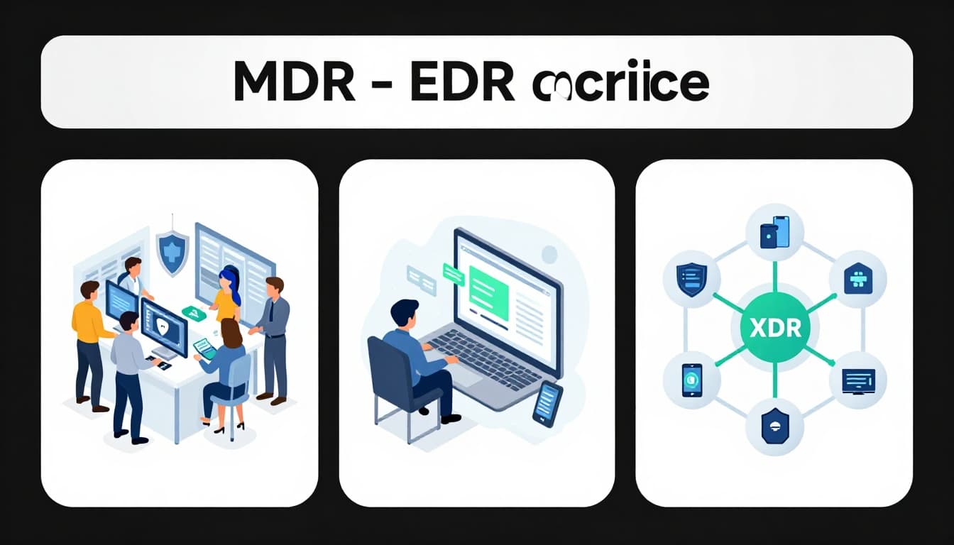Three panels show MDR team shielding office building, EDR alerts on laptop and phone, XDR linked cloud network.