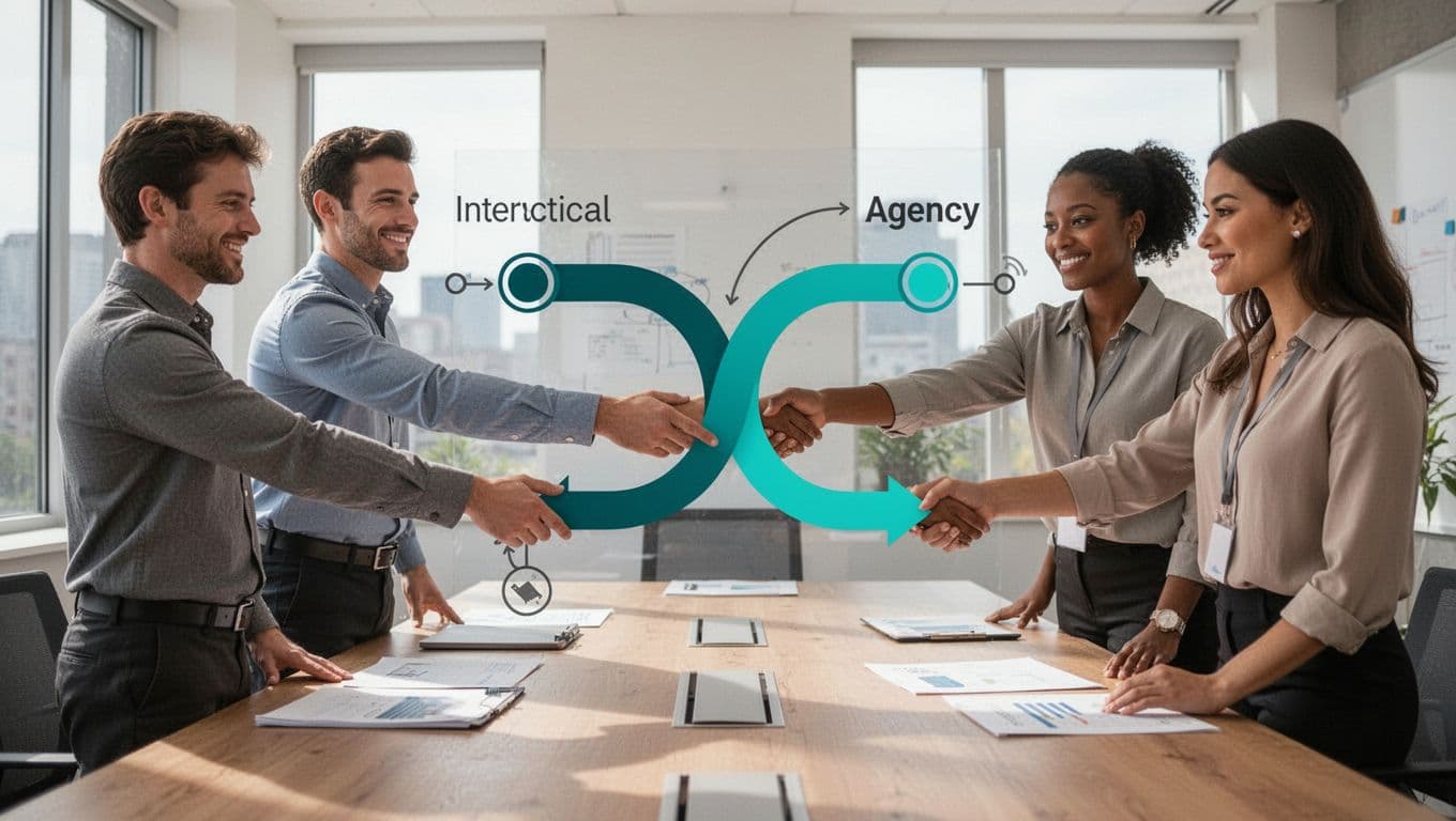 Modern illustration of two small professional teams, one internal and one agency, shaking hands over a shared workflow diagram merging paths into one smooth flow in an office meeting room with natural light.