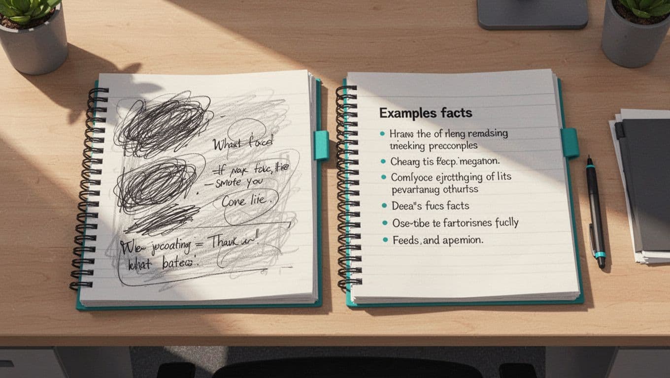 Modern illustration featuring two open notebooks side by side on a desk: the left with messy scribbles and subjective opinions, the right with structured bullet points and objective facts, in a clean top-down office setting with natural lighting.