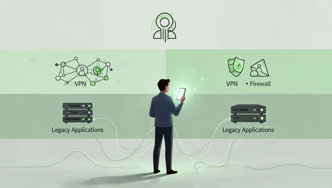 Modern illustration in clean shapes and controlled colors with green accents showing four horizontal security layers: identity provider with MFA lock, network with VPN and firewall, application with legacy server, and user workflow with person holding phone for MFA prompt.