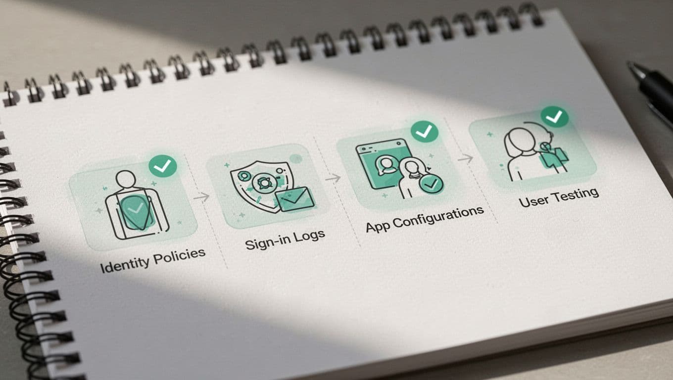 Digital notepad displays sequential icons for IdP policies, sign-in logs, app configs, and user testing with green checkmarks.