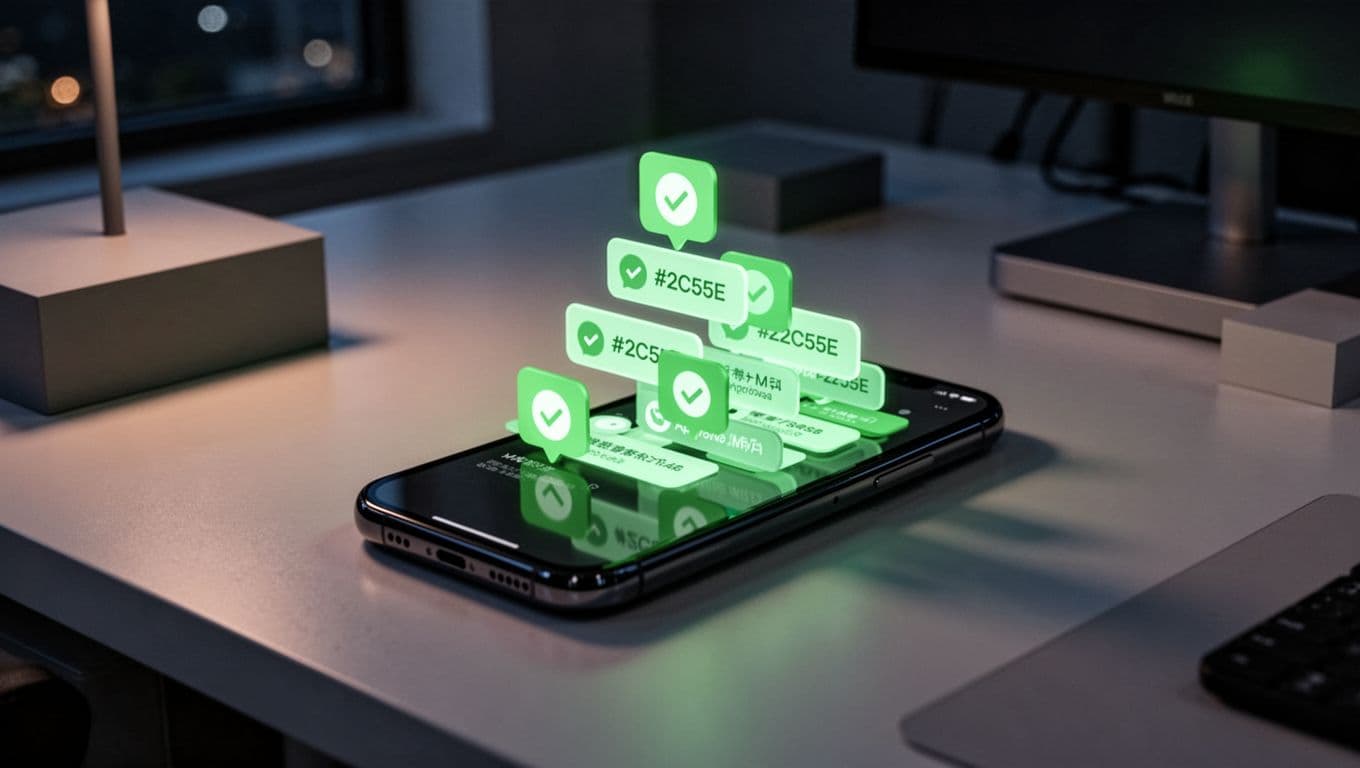 Modern illustration of a smartphone on a desk receiving a flood of MFA approval push notifications stacking up and overflowing the screen in dim office lighting at night.