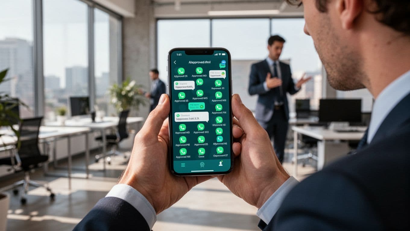 Illustration of a frustrated office worker holding a smartphone screen flooded with multiple MFA approval push notifications from unknown sources in a modern office.