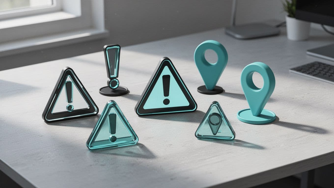 Modern illustration of common red flags for MFA fatigue attacks including urgent pressure, repeated prompts, unusual login locations, and push notification icons arranged neatly on a help desk background surface with clean shapes and natural lighting.