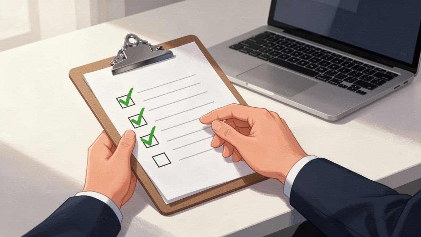 Modern illustration featuring a security professional's hand holding a clipboard with a checklist for MFA validation, including items like IDP logs, network traces, app tests, and user simulations, set on a desk with a laptop nearby.
