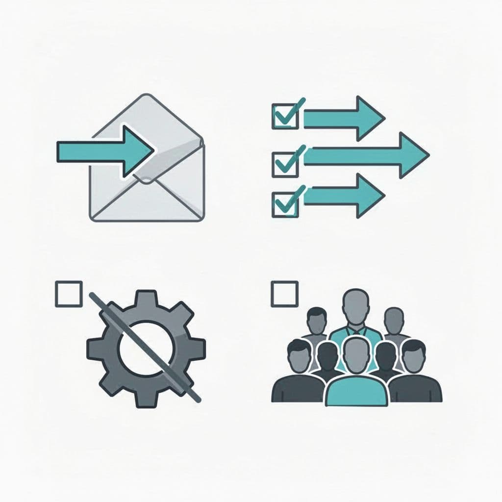 Modern illustration featuring icons for Microsoft 365 mail forwarding risks like external email arrows, multiple forwards, hidden rules, and unlimited recipients, arranged in a clean checklist layout on a light background.