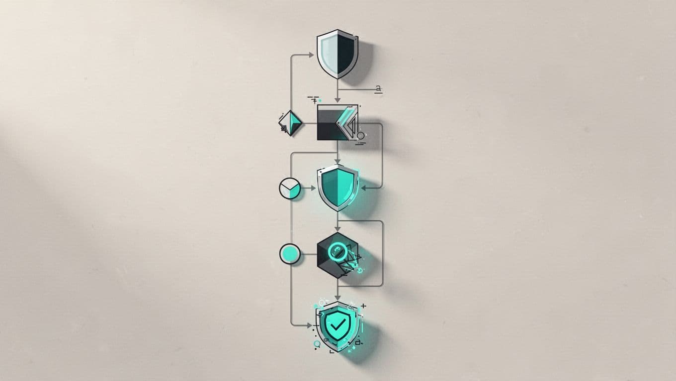 Modern illustration of the OAuth app consent audit workflow in Microsoft Entra ID, featuring a flowchart from accessing the admin center, reviewing enterprise apps, checking user consents, identifying high-risk permissions, to remediation.