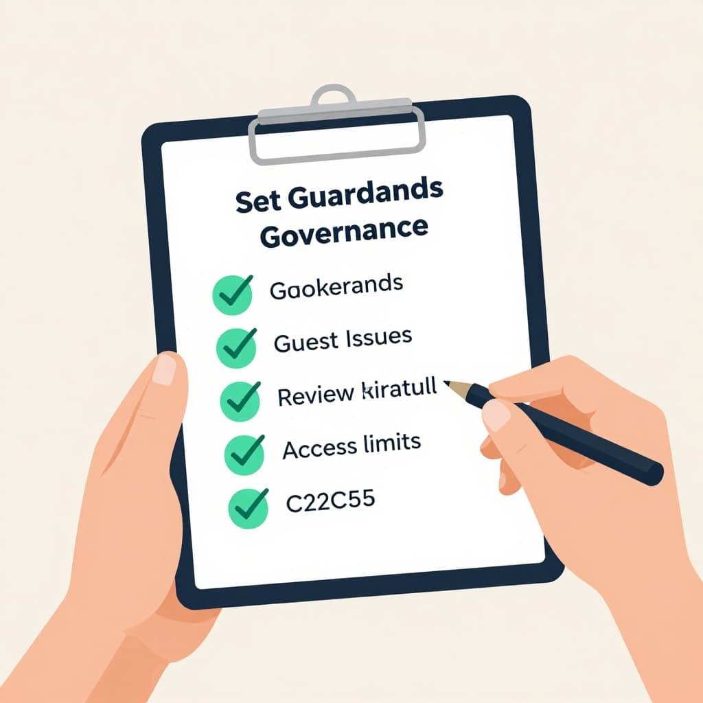 Modern illustration featuring a simple checklist on a clipboard held by one admin hand, with checked icons for policy toggle, review schedule, and access limits for Microsoft Teams guest access governance.