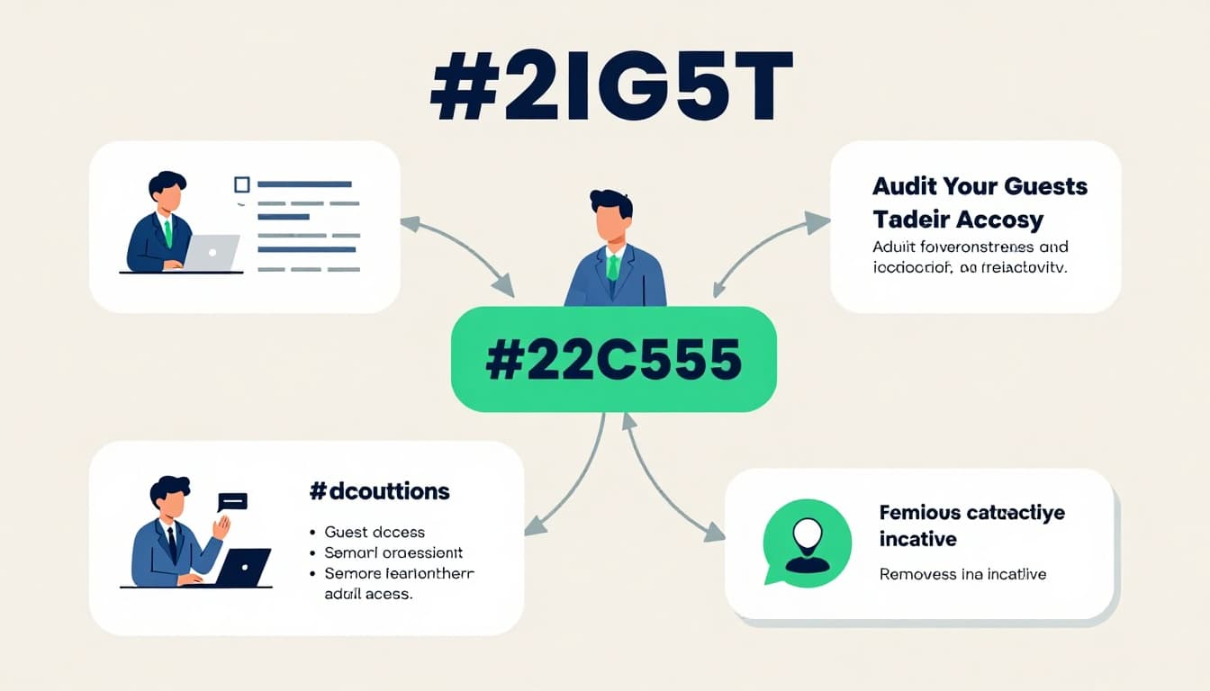 Modern illustration in clean shapes and controlled colors showing a flowchart for auditing Microsoft Teams guest access: admin reviews settings, lists guests, checks activity, and removes inactive guests. Neutral background with #22C55E accent on icons, exactly one person, no text or labels.
