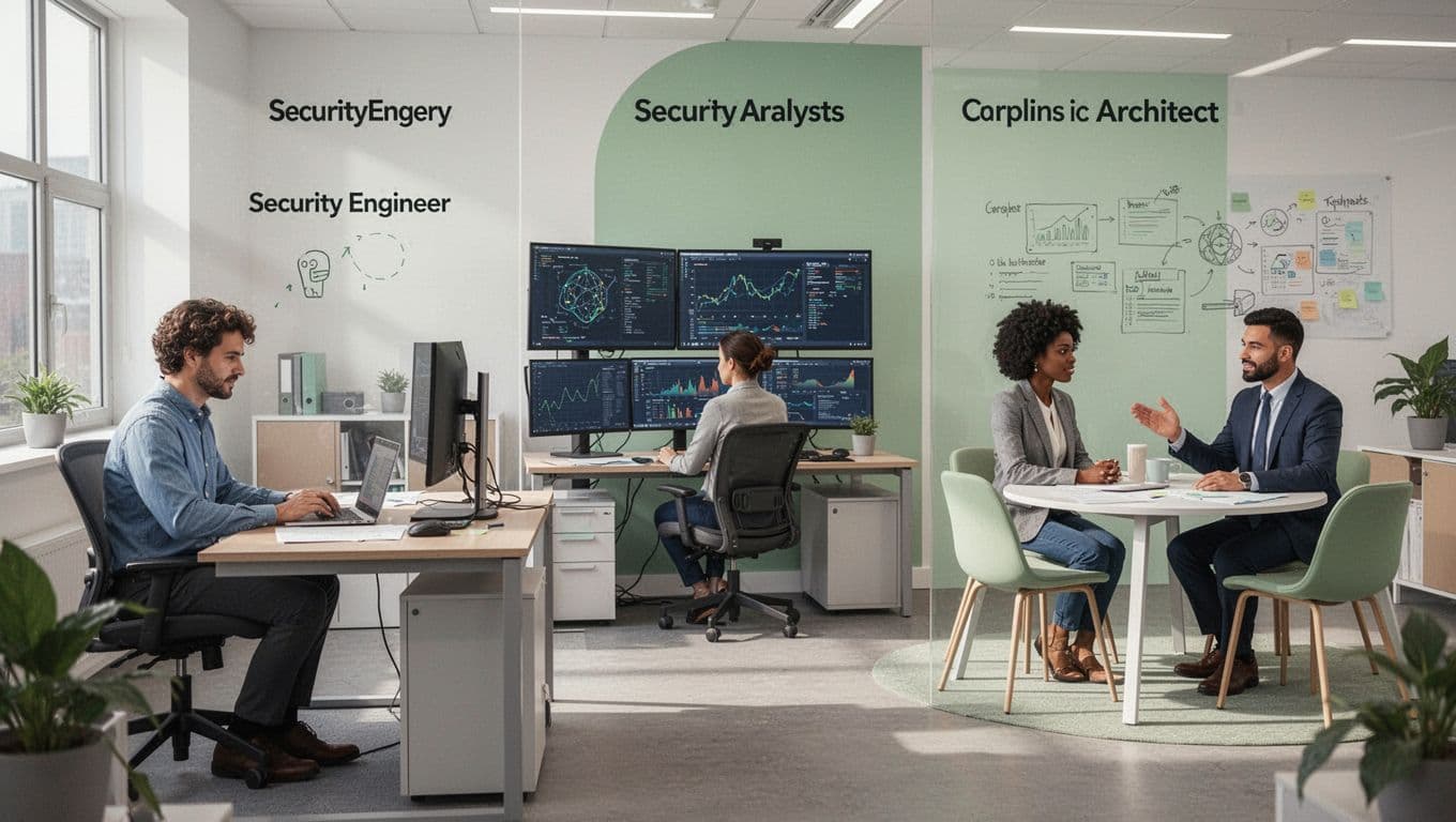 Modern illustration of a diverse mid-market cybersecurity team—security engineer, analyst, and architect—in a collaborative open office space with subtle green role icons.